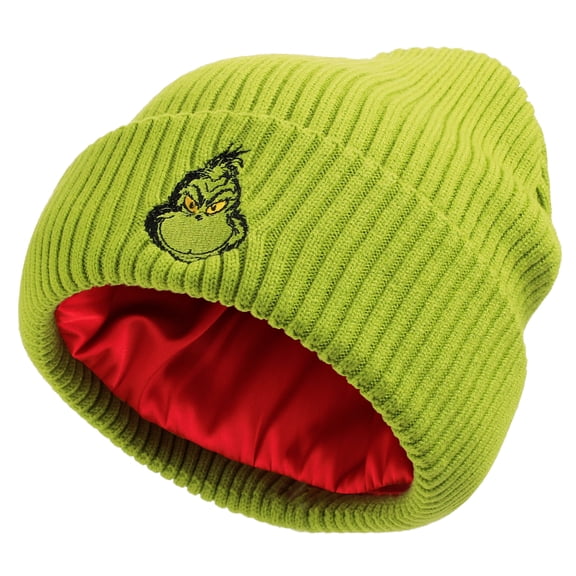 The Grinch Ribbed Knit Embroidered Character On Green Satin Lined Cuff Beanie