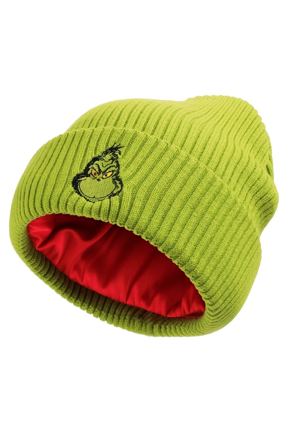 The Grinch Ribbed Knit Embroidered Character On Green Satin Lined Cuff Beanie