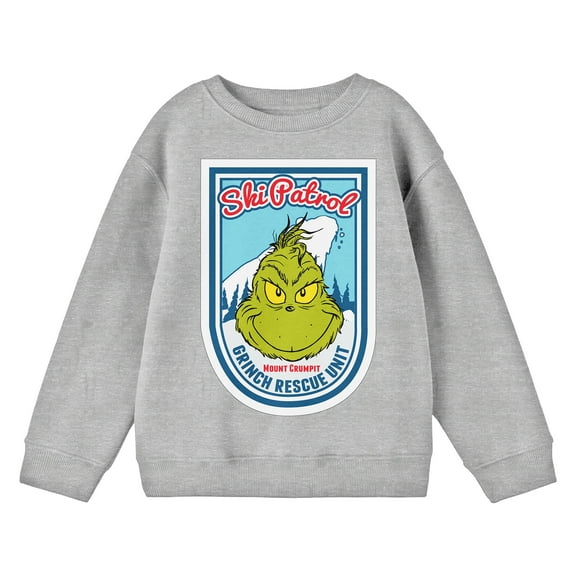 The Grinch Ski Patrol Badge Youth Athletic Heather Crew Neck Long Sleeve Sweatshirt-Medium