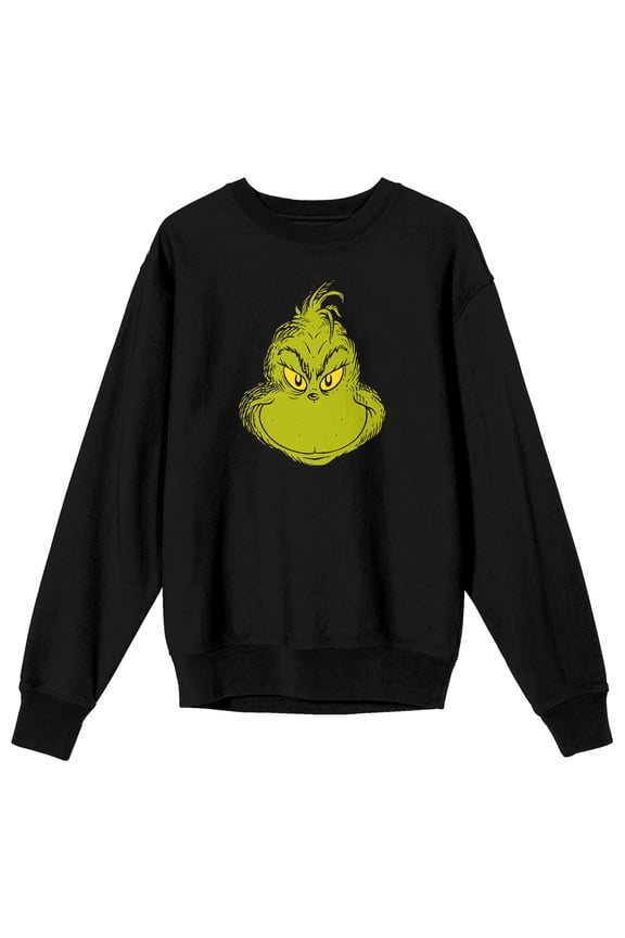 The Grinch Smiling Face Adult Black Crew Neck Long Sleeve Sweatshirt-Large