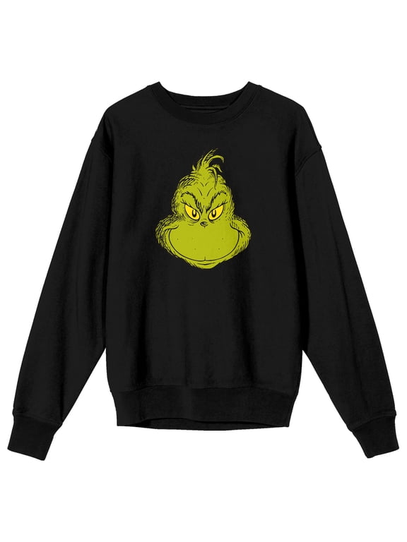 The Grinch Smiling Face Adult Black Crew Neck Long Sleeve Sweatshirt-Large