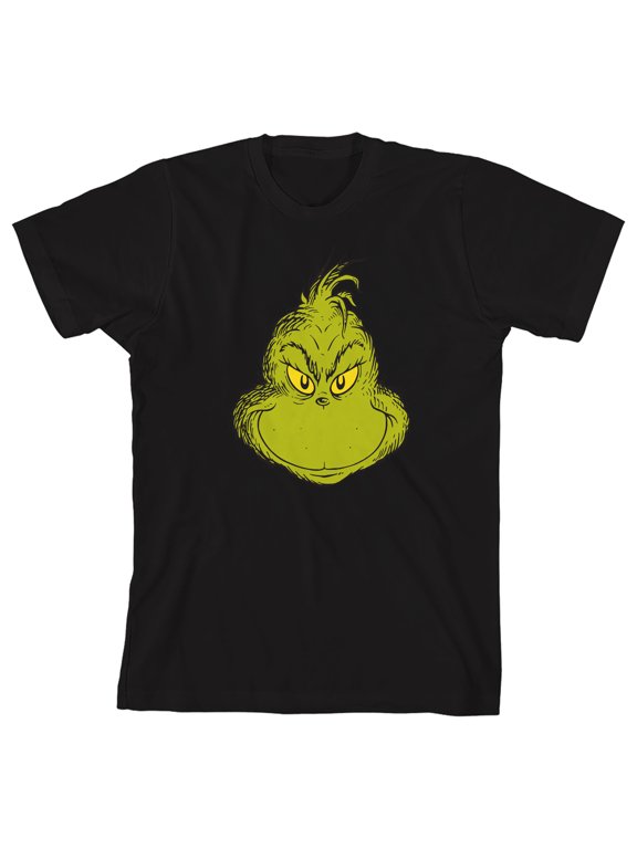 The Grinch Smiling Face Youth Black Crew Neck Short Sleeve T-shirt-Large