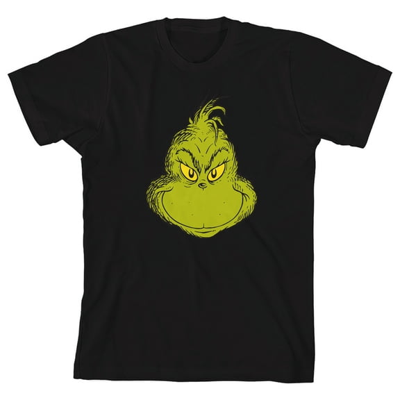 The Grinch Smiling Face Youth Black Crew Neck Short Sleeve T-shirt-Small