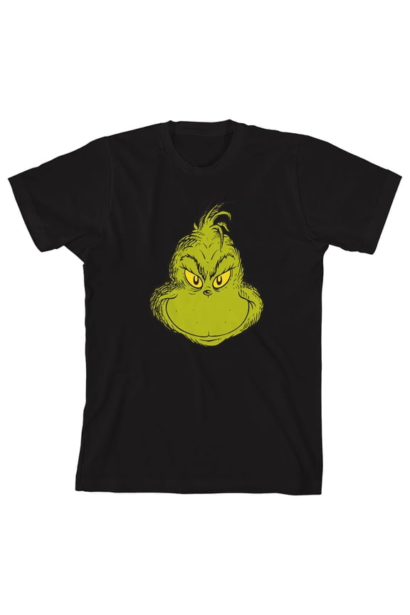 The Grinch Smiling Face Youth Black Crew Neck Short Sleeve T-shirt-XS