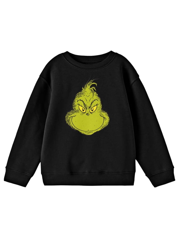 The Grinch Smiling Grinch's Face Boy's Black Crew Neck Long Sleeve Sweatshirt-Large