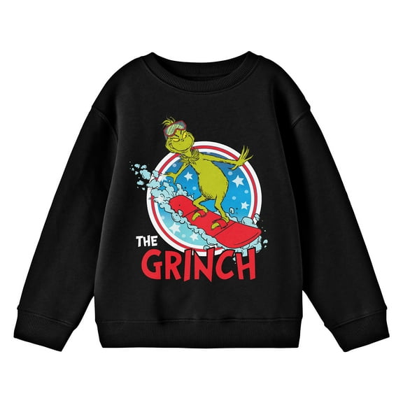 The Grinch Snowboarding Youth Black Crew Neck Long Sleeve Tee-Large