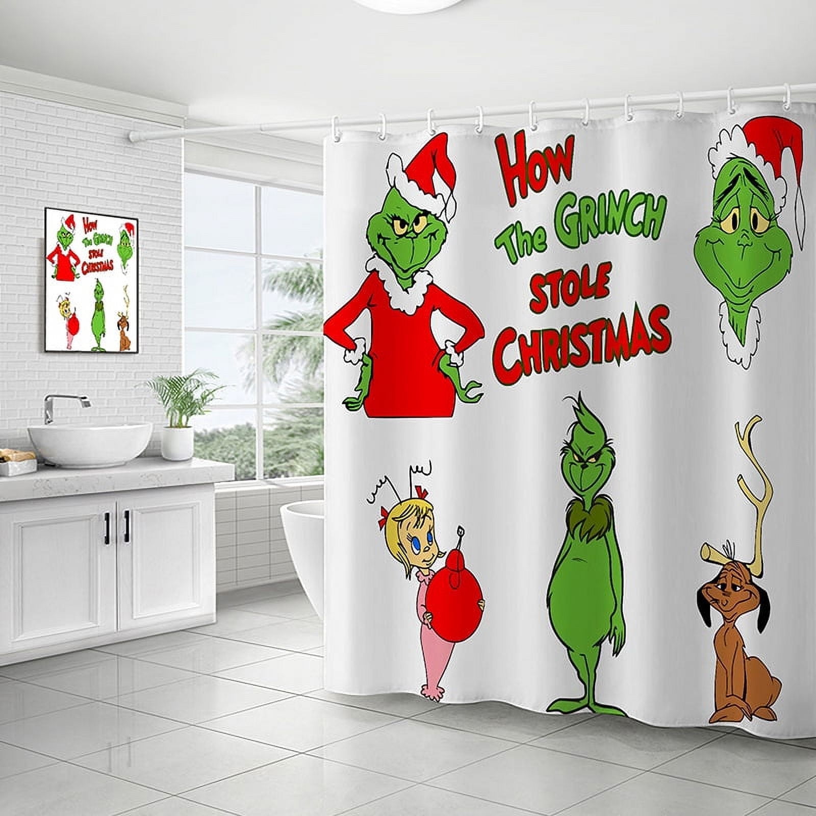 The Grinch Stole Christmas Printed Shower Curtain Toilet Lid Cover Bath Mat and Non Slip Rug Bathroom Curtains Home Decorate 1PCS