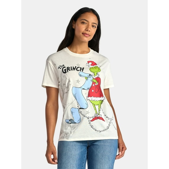 The Grinch Women's Front Back Christmas Graphic Tee with Short Sleeves, Sizes XXS-XXL