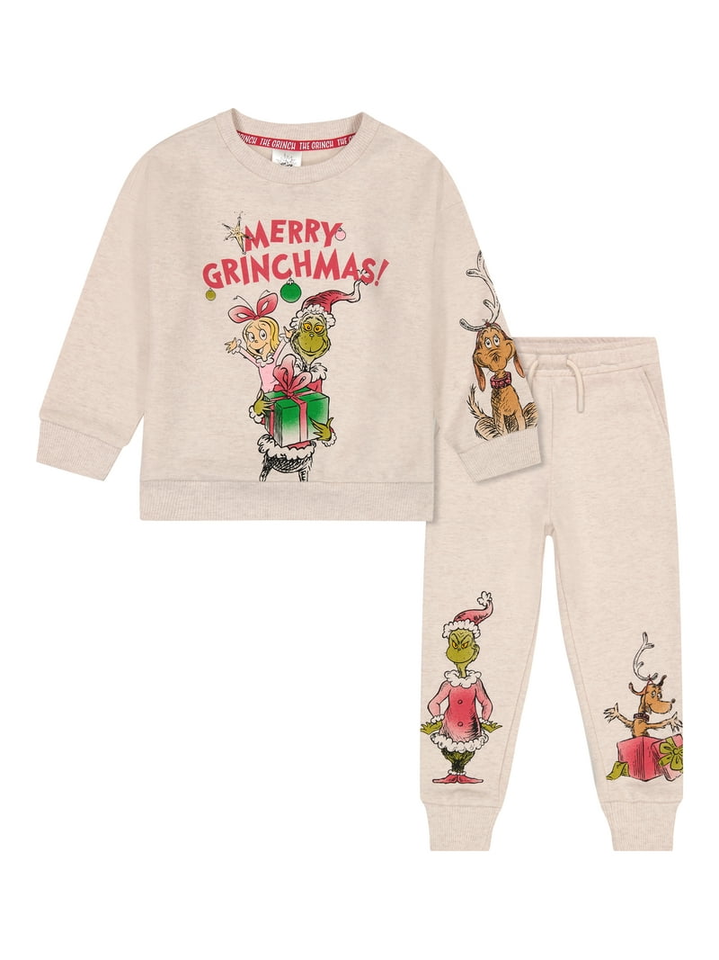 Seuss' The Grinch Toddler Fleece Jogger Set, Beige, Sizes 2T