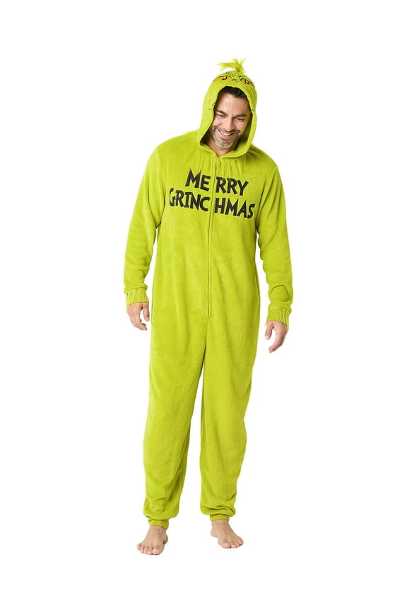 The Grinch Union Suit Men's Merry Grinchmas Zip Up Plush Hooded One Piece Loungewear