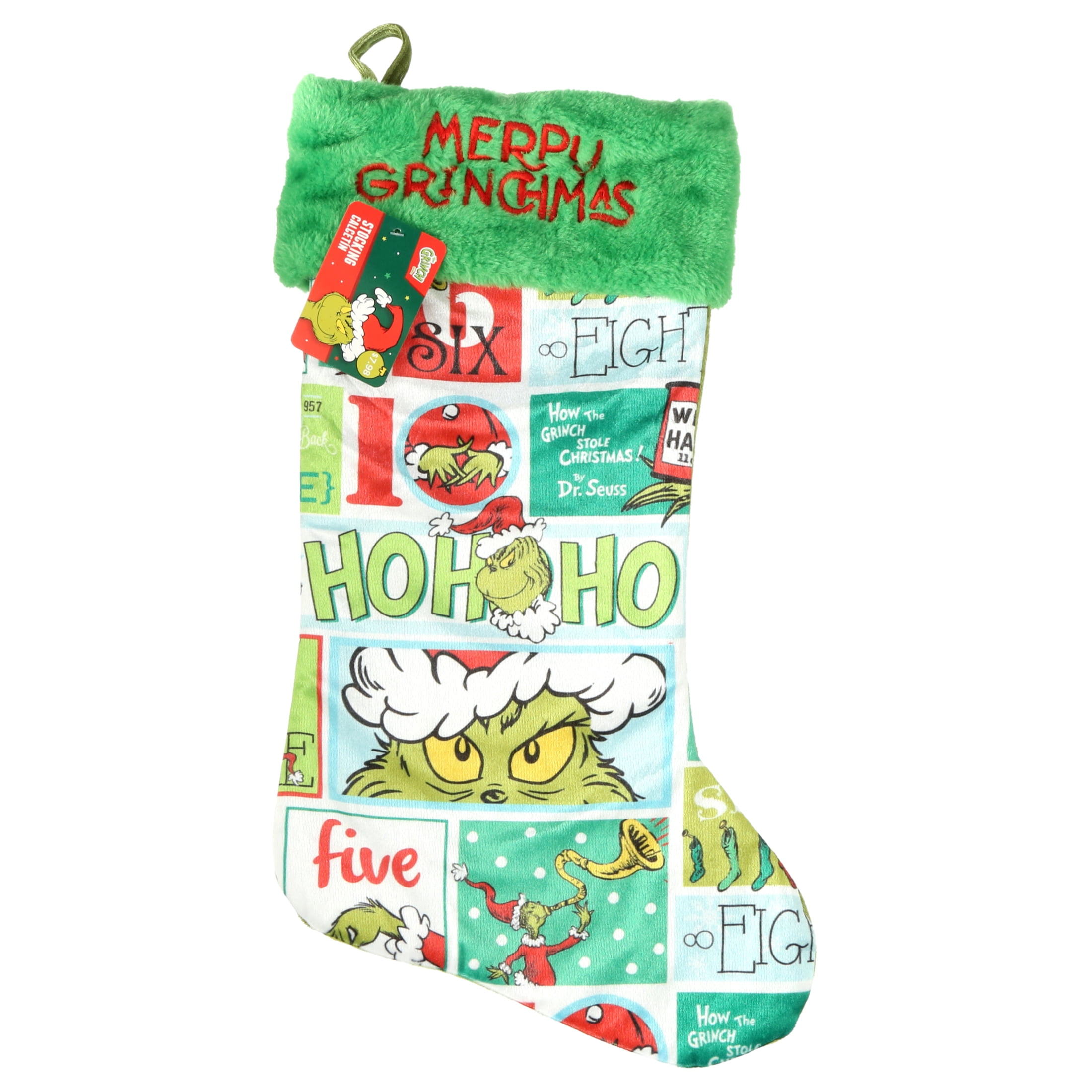 The Grinch Who Stole Christmas, Grinch, "Merry Grinchmas" 20 " Velour Christmas Stocking, Polyester, Green