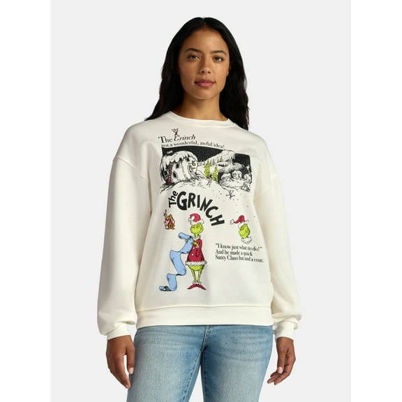 The Grinch Women's Front Back Whoville Graphic Fleece Sweatshirt with Long Sleeves, Sizes XXS-XXL