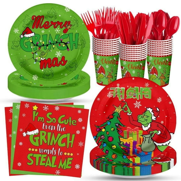 Birthday Party Supplies Kit - for Christmas day Decorations, Includes Dinner & Dessert Plates, Napkins, Cups