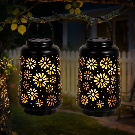 The Growing Ground 2 Pack Solar LED Lantern Lights with Handle, Outdoor Decorative Floral Cutout Lights for Patio, Garden, Yard, Pathway, Black