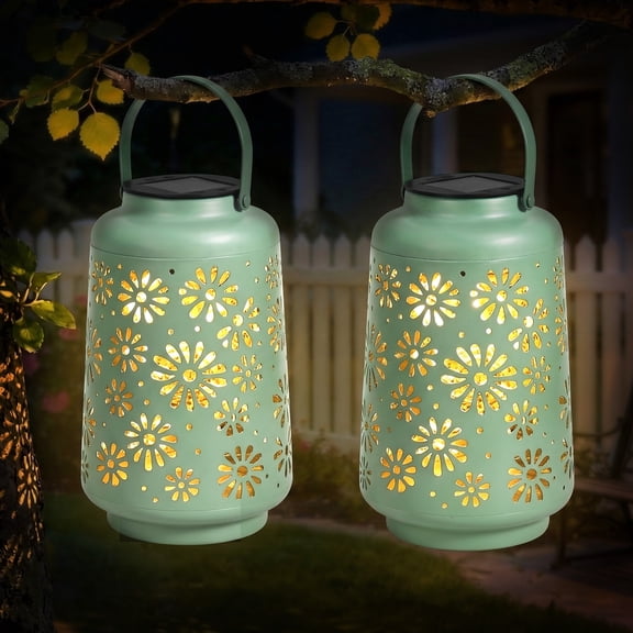 The Growing Ground 2 Pack Solar LED Lantern Lights with Handle, Outdoor Decorative Floral Cutout Lights for Patio, Garden, Yard, Pathway, Sage Green