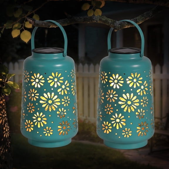 The Growing Ground 2 Pack Solar LED Lantern Lights with Handle, Outdoor Decorative Floral Cutout Lights for Patio, Garden, Yard, Pathway, Teal