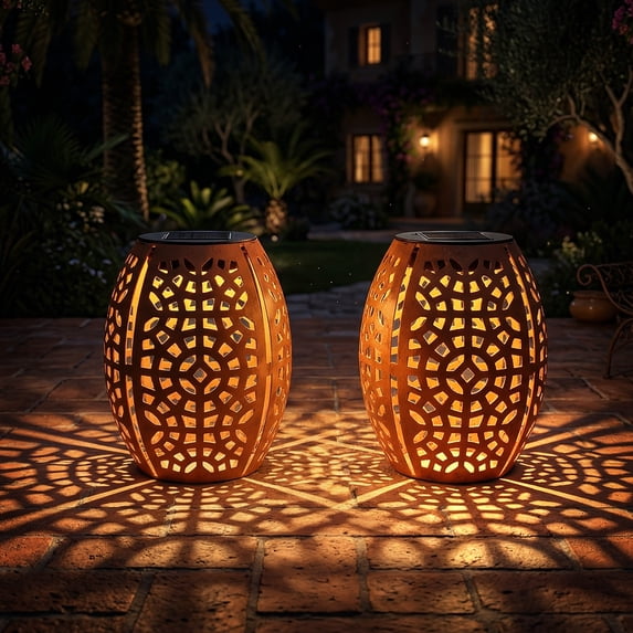 The Growing Ground 2 Pack Solar Lanterns Outdoor, Hollowed Metal LED Garden Decor Lanterns for Patio Yard Porch, Gifts for Women Mom Grandma, Orange