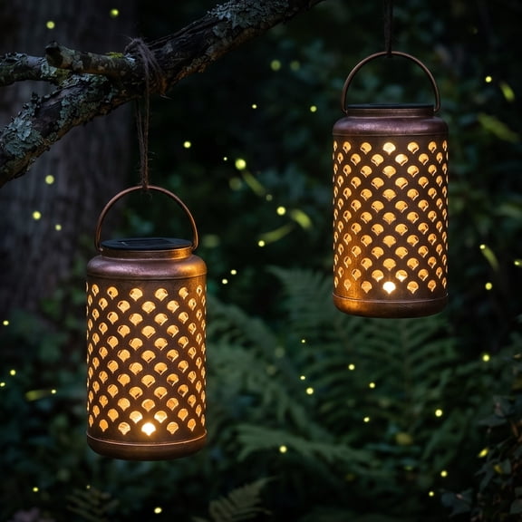 The Growing Ground 2-Pack Solar Lanterns with LED Light and Handle, Outdoor Hanging Lantern Decor for Patio, Yard or Garden, Copper