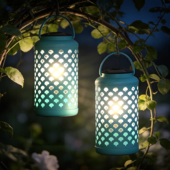 The Growing Ground 2-Pack Solar Lanterns with LED Light and Handle, Outdoor Hanging Lantern Decor for Patio, Yard or Garden, Teal
