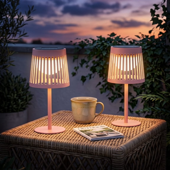 The Growing Ground 2 Pack Solar Table Lamps Outdoor, Modern Linear Design Decorative LED Lights, Pink