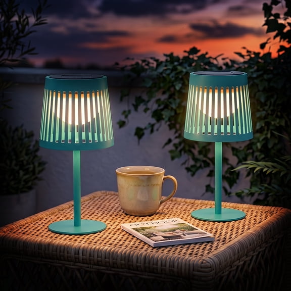 The Growing Ground 2 Pack Solar Table Lamps Outdoor, Modern Linear Design Decorative LED Lights, Teal