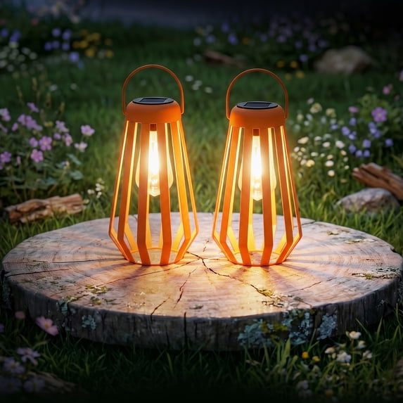 The Growing Ground 2 pack Solar LED Modern Geometric Lanterns with Handle, Orange