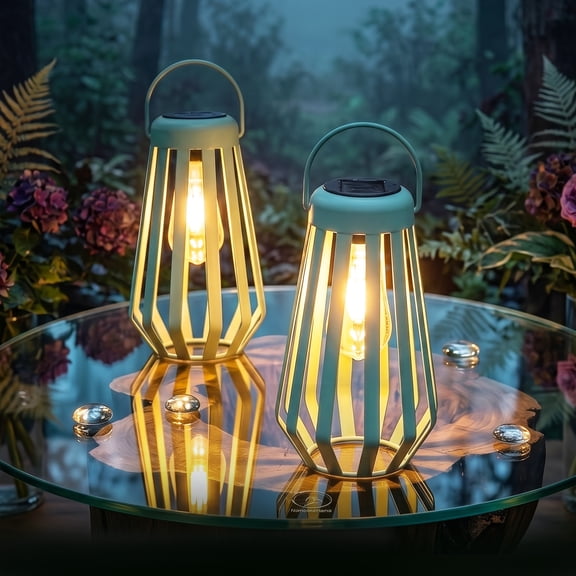 The Growing Ground 2 pack Solar LED Modern Geometric Lanterns with Handle, Sage Green