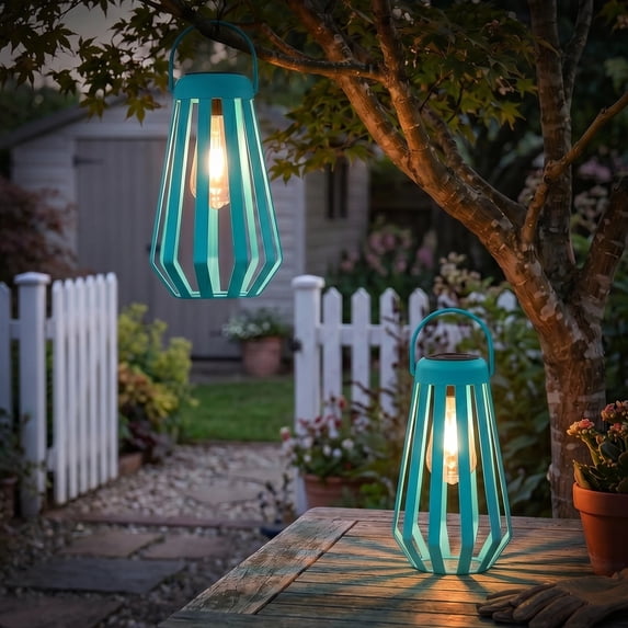 The Growing Ground 2-Pack Solar LED Hanging Lanterns, Geometric Outdoor Lantern Decor for Patio, Garden or Yard, Teal