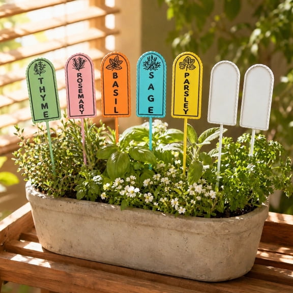The Growing Ground 7 Pack Colorful Herb Garden Stakes, Metal Plant Markers with Sage, Thyme, Rosemary, Parsley, Basil Plus 2 Blank White DIY Stakes
