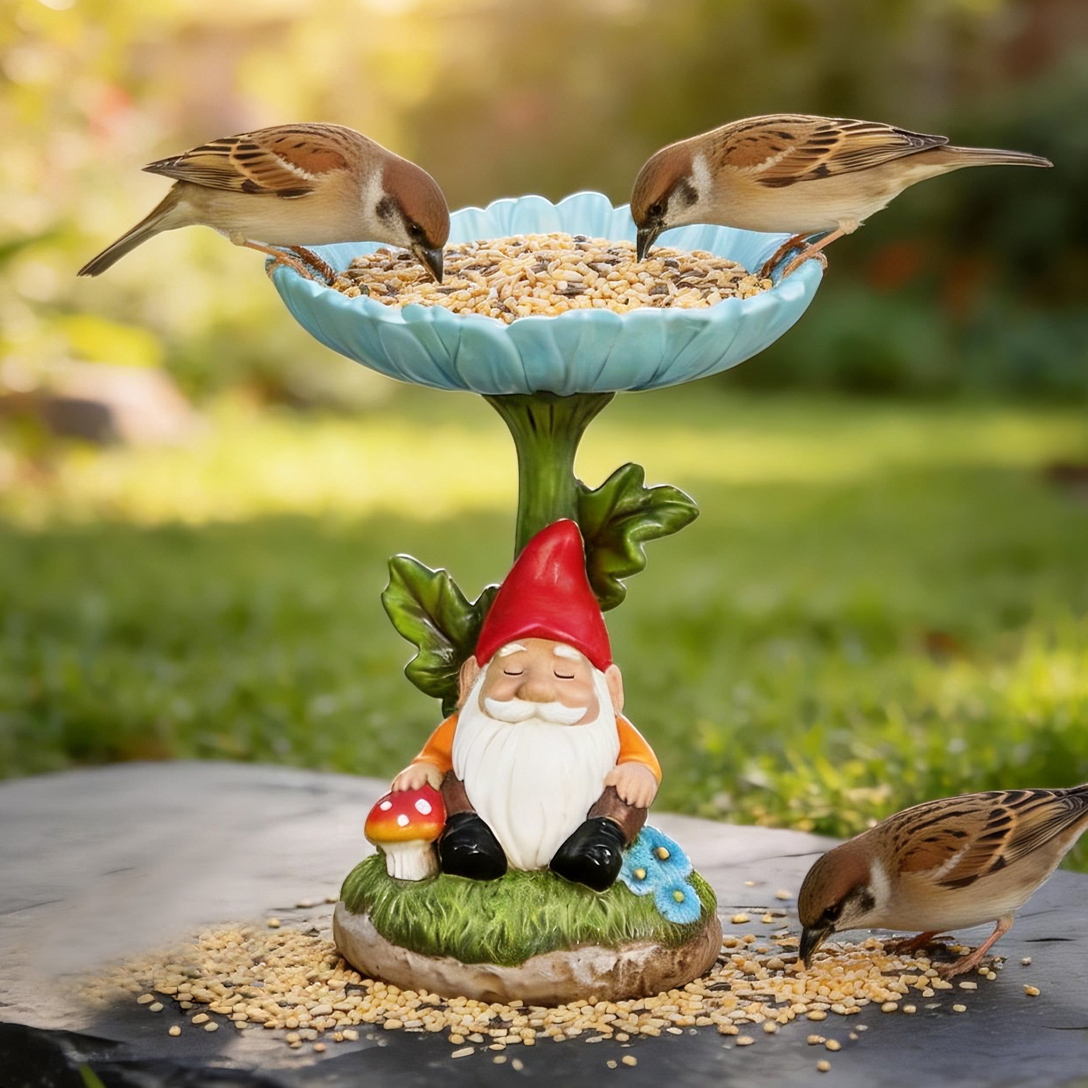 The Growing Ground Daisy Gnome Bird Feeder, Resin Garden Statue with Flower Bowl for Outdoor Patio Decor, Teal