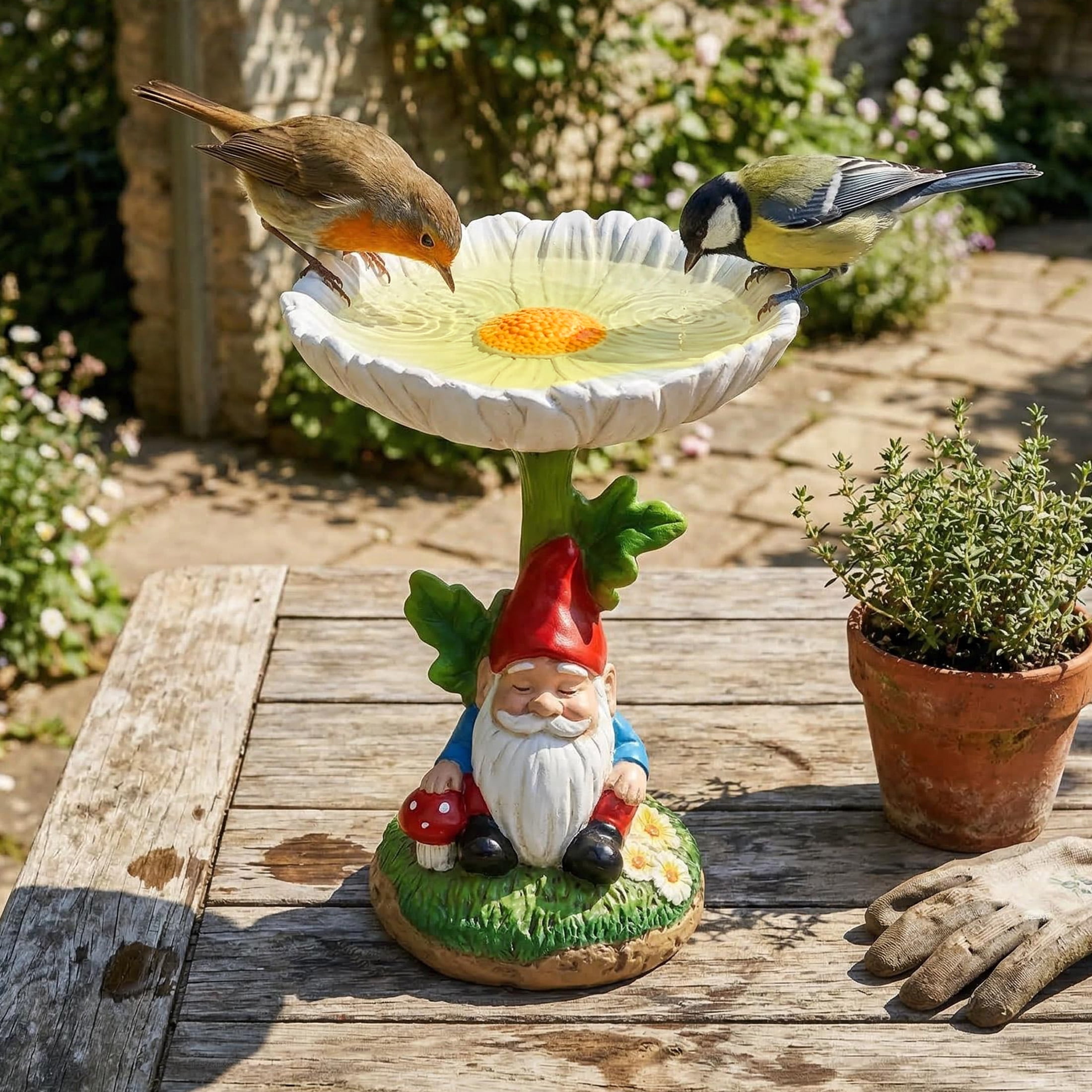 The Growing Ground Daisy Gnome Bird Feeder Garden Statue, Outdoor Garden Decor with Flower Bowl for Bird Seed or Water, White