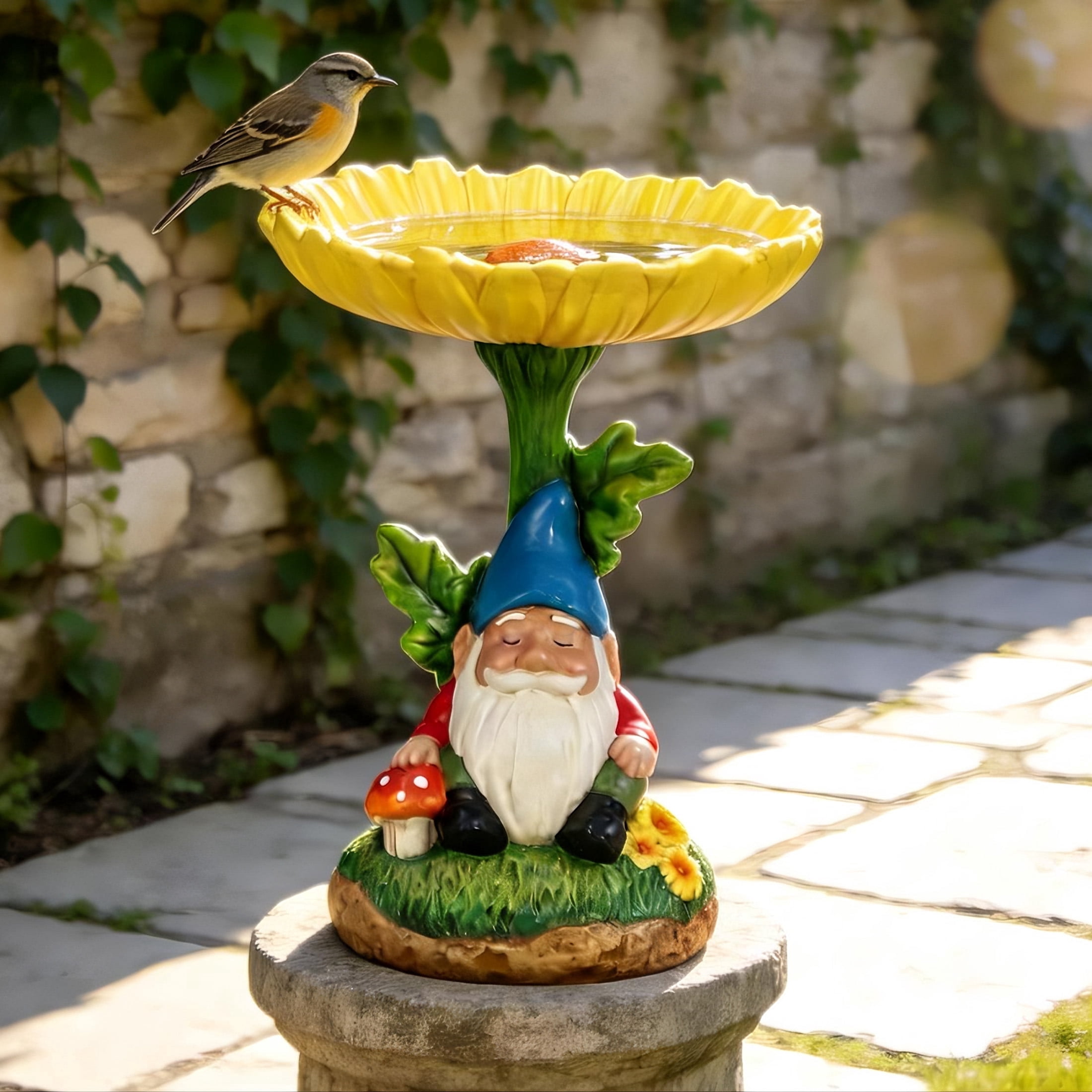 The Growing Ground Daisy Gnome Bird Feeder, Resin Garden Statue with Flower Bowl for Outdoor Patio Decor, Yellow