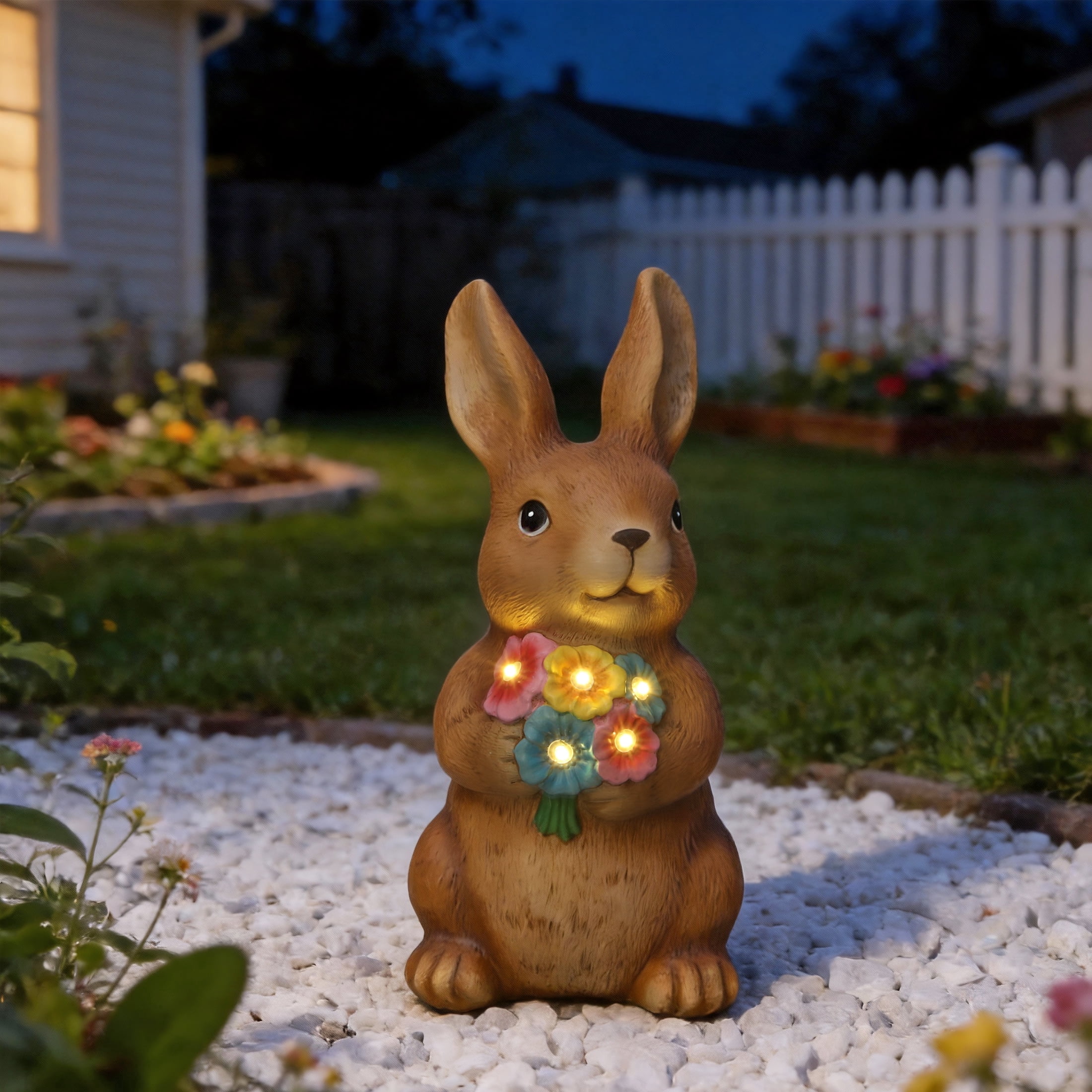 The Growing Ground Solar Bunny Garden Statue with LED Light, Outdoor Resin Rabbit Lawn Decor for Garden, Patio, Pathway, Brown
