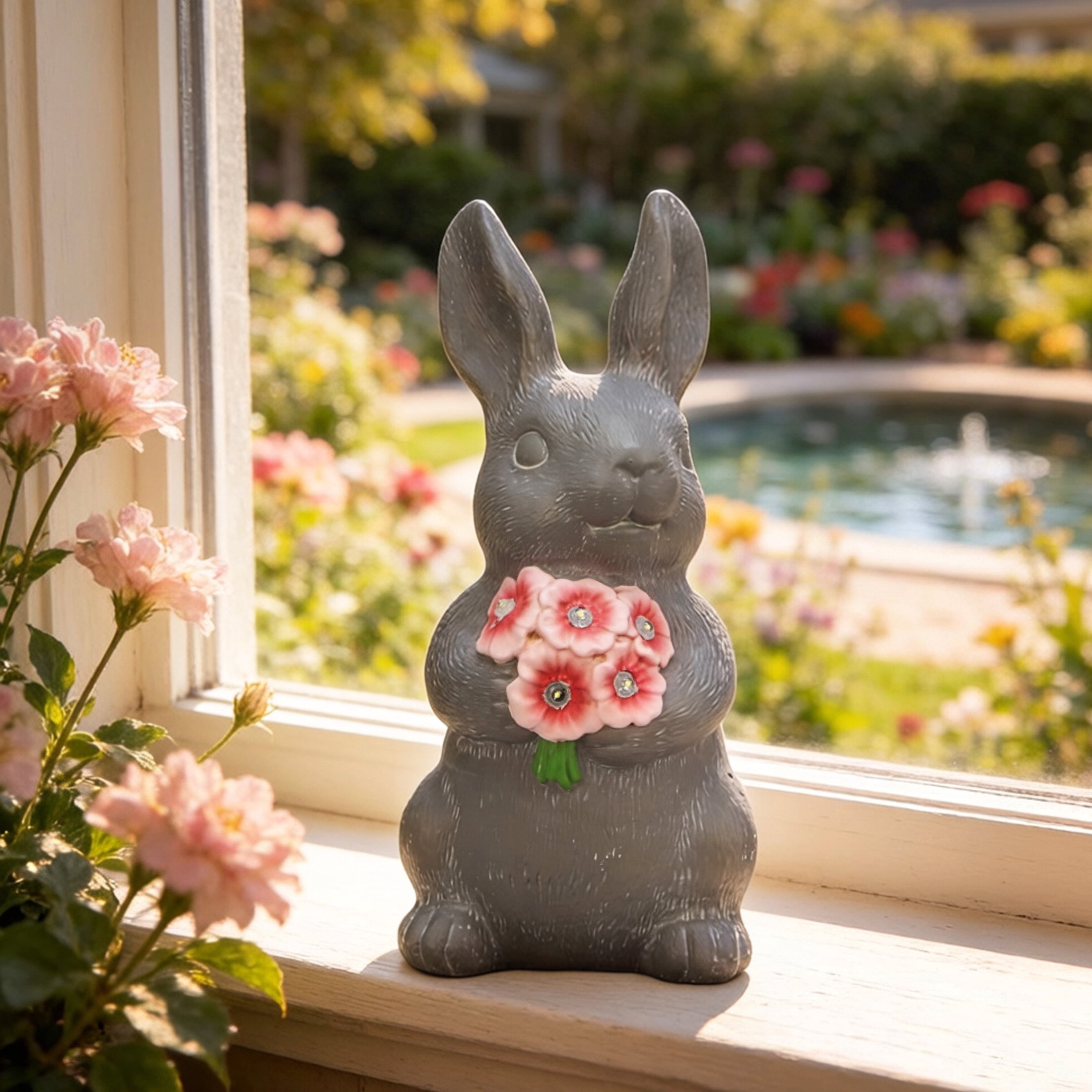 The Growing Ground Solar Bunny Garden Statue with LED Light, Resin Garden Decor for Patio, Lawn, Gray and Pink