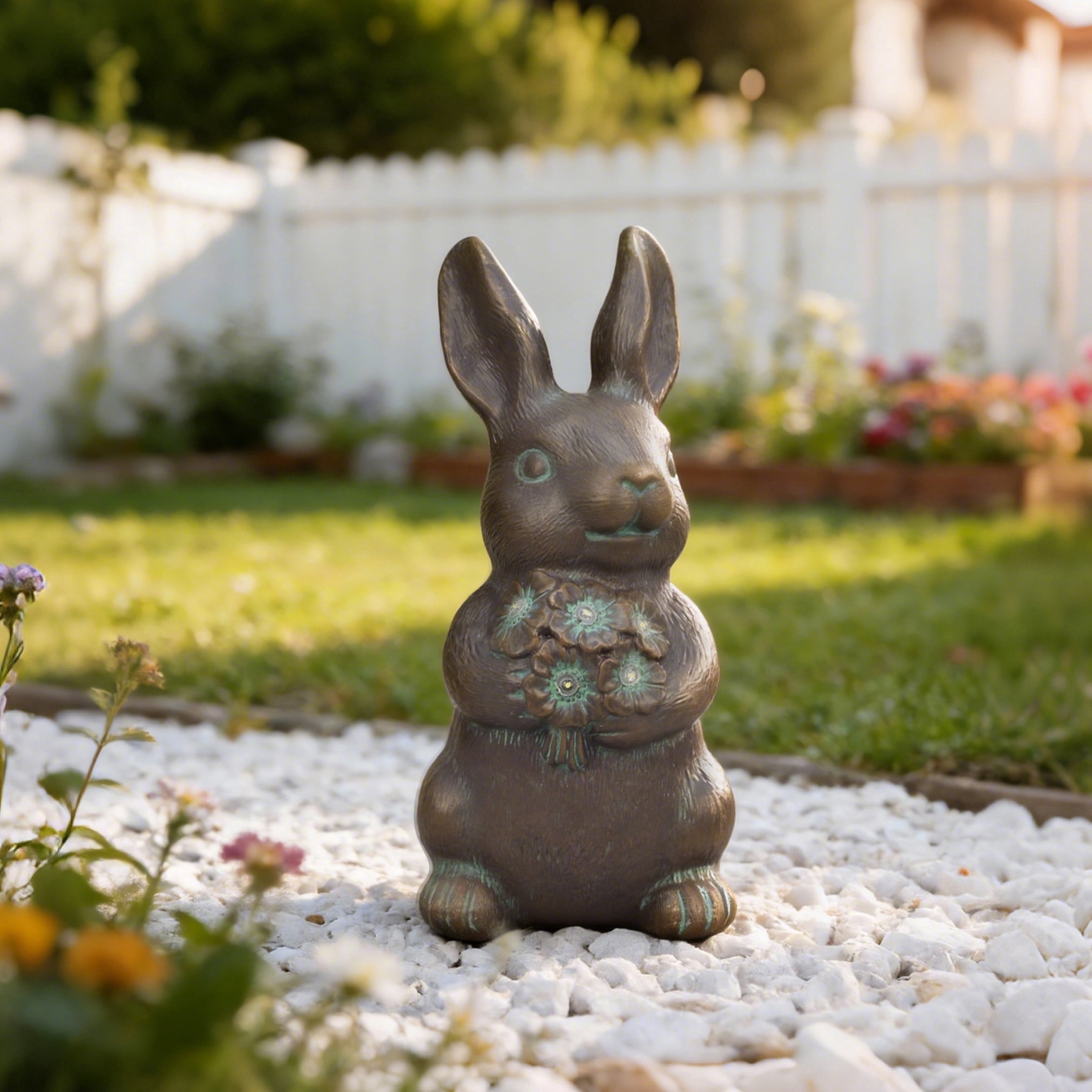 The Growing Ground Solar Bunny Garden Statue with LED Light, Outdoor Resin Rabbit Decor for Lawn, Patio, Bronze