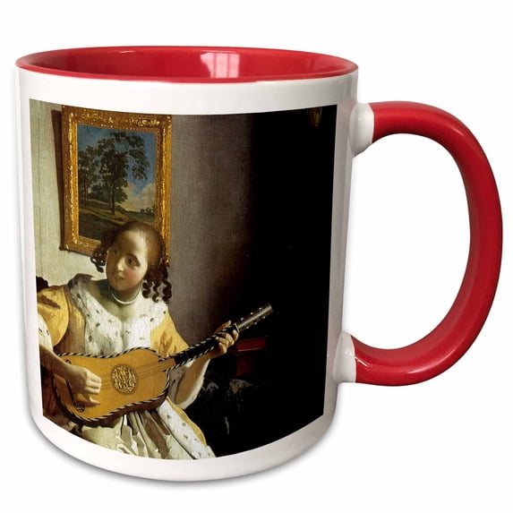 3drose, the Guitar Player, C. 1672 by Johannes Vermeer Woman Playing Guitar, 15oz Two-tone Red Mug