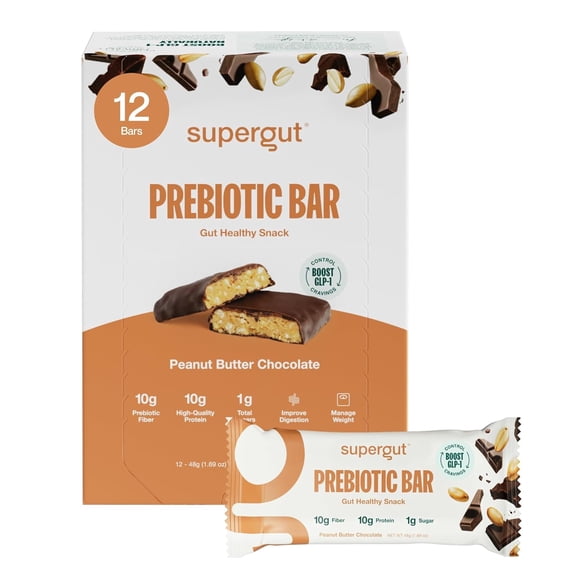 Supergut Prebiotic Bar 10g Fiber & Protein Snack Bars, Peanut Butter Chocolate, 12 Pack