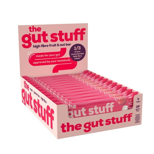 The Gut Stuff Raspberry & Coconut Fruit & Nut High Fibre Box of Bars 12 x 35g, British Import (Pack of 3)