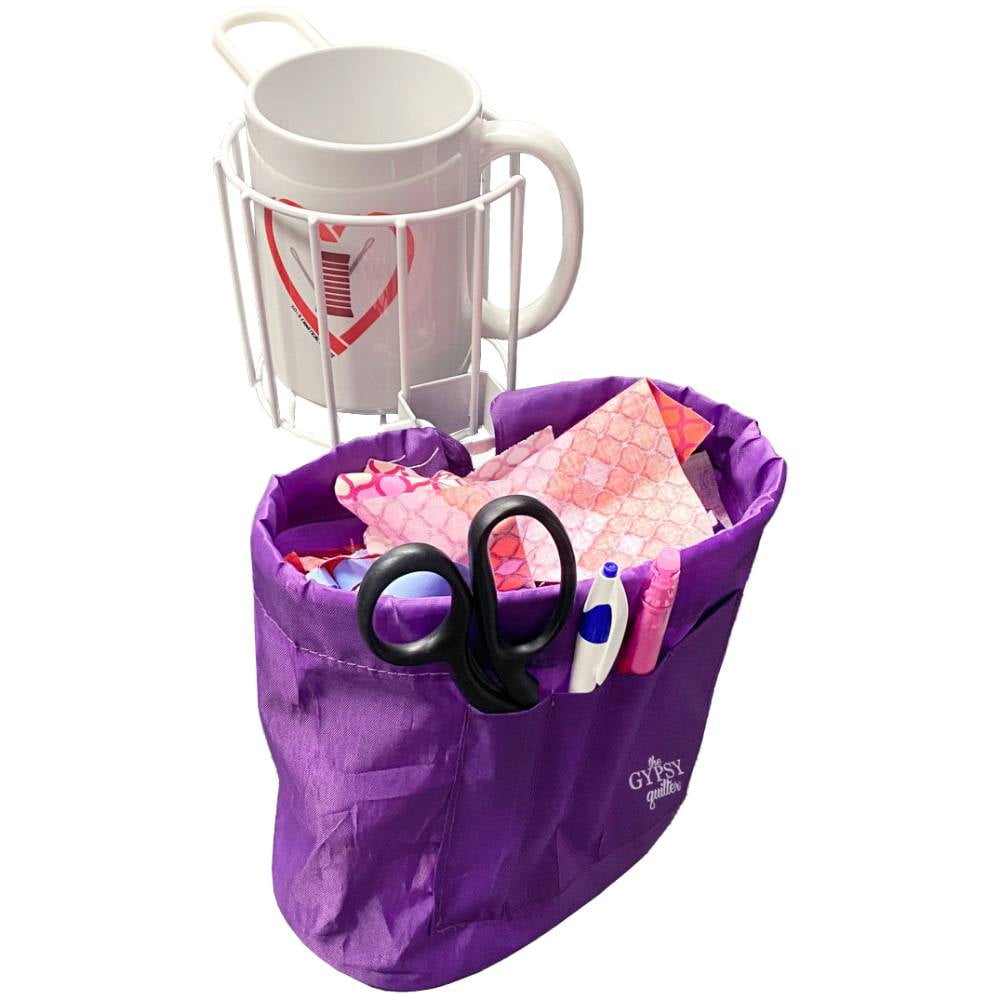 Gypsy Quilter Sip & Snip 2.0 - Cup Holder & Scrap Bag Clamp For Sewing Table | Purple & White Quilting Accessory Organizer