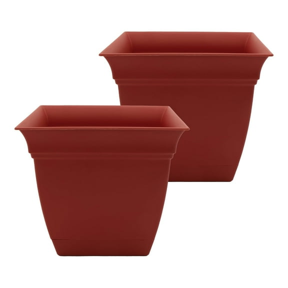 The HC Companies 12 Inch Eclipse Square Planter with Saucer Indoor Outdoor Plant Pot for Flowers Vegetables Herbs, Clay Pack of 2