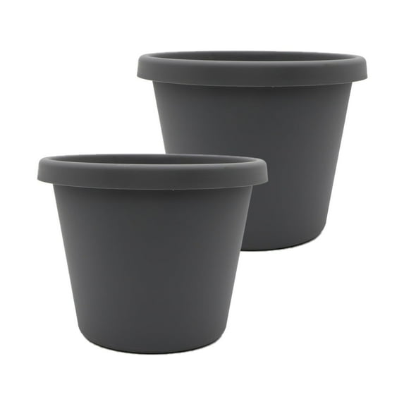 The HC Companies 16 Inch Round Prima Planter - Plastic Plant Pot with Rolled Rim for Indoor Outdoor Plants Flowers Herbs, Warm Gray Pack of 2
