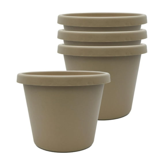 The HC Companies 6 Inch Round Prima Planter - Small Plastic Plant Pot with Rolled Rim for Indoor Outdoor Plants Flowers Herbs, Sandstone Pack of 4