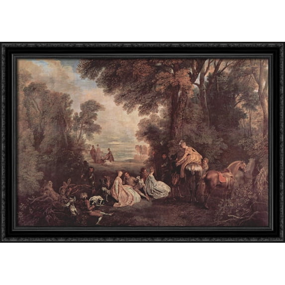 The Halt during the Chase 40x28 Large Black Ornate Wood Framed Canvas Art by Antoine Watteau