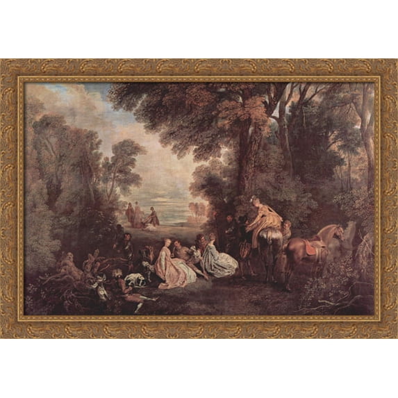 The Halt during the Chase 40x28 Large Gold Ornate Wood Framed Canvas Art by Antoine Watteau