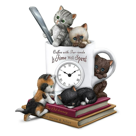 The Hamilton Collection "Coffee With Fur-iends" Sculptural Table Clock With Cat Art of Kayomi Harai 7.5-inches