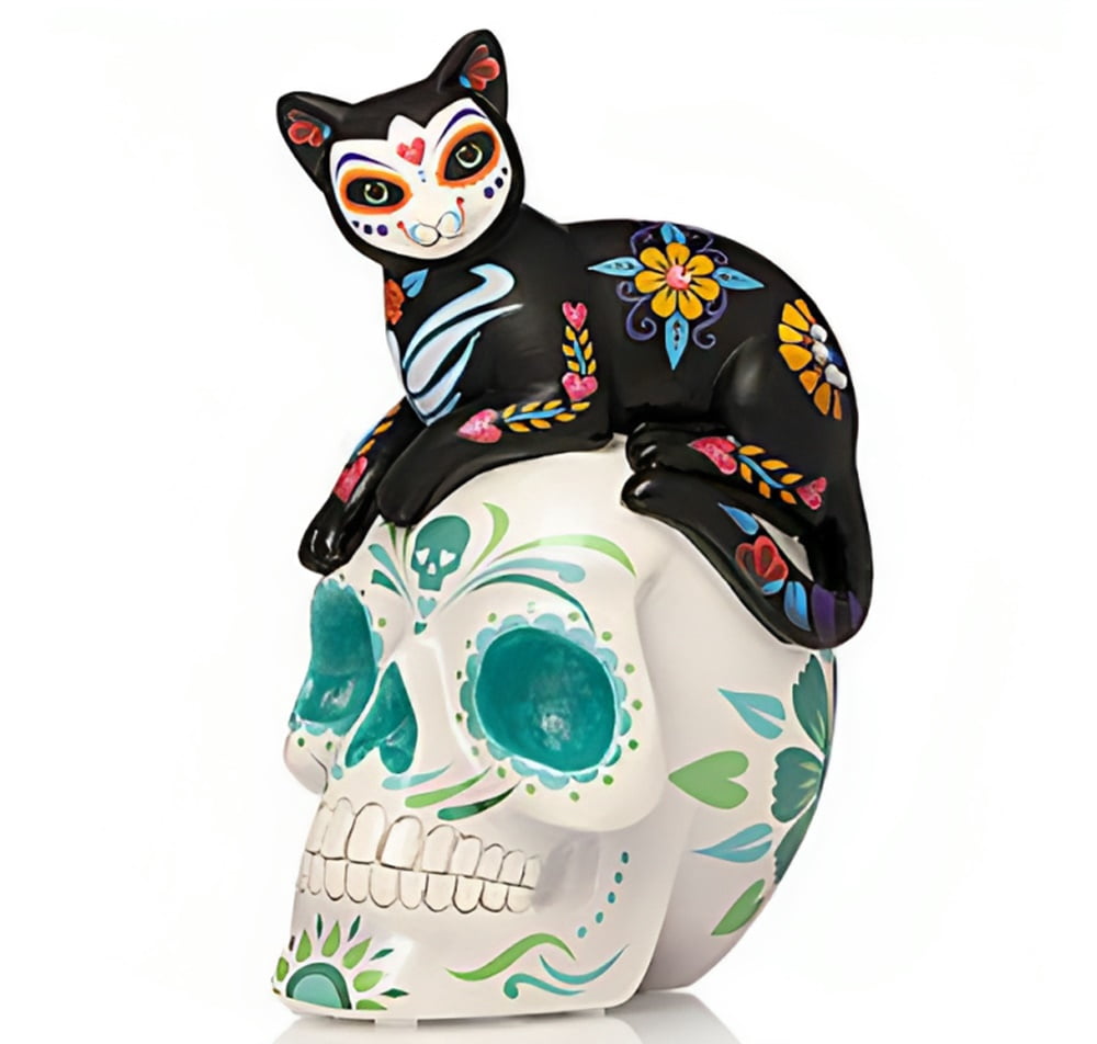 The Hamilton Collection Fur Ever Joyful A Fur-ever Love Sugar Skull Cat Collection Issue #3 Handcrafted Dia de los Muertos Art with Glow-in-the-Dark Accents & Hand-Set Faux Jewels Figurine 5.25-inches