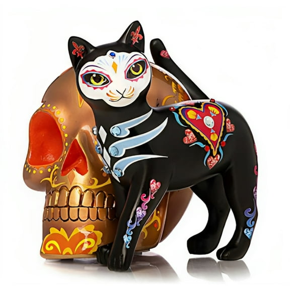 The Hamilton Collection Meow Velously A Fur-ever Love Sugar Skull Cat Collection Issue #4 Handcrafted Dia de los Muertos Art with Glow-in-the-Dark Accents & Hand-Set Faux Jewels Figurine 5.25-inches