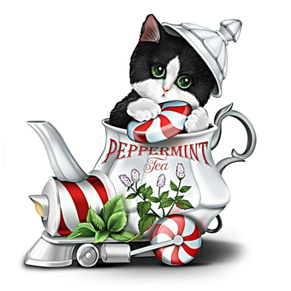 The Hamilton Collection Pep Purr Mint Tea Cute-Tea Express Cat Figurine Collection Issue #1 Handcrafted Hand Painted by Kayomi Harai 3.5-inches