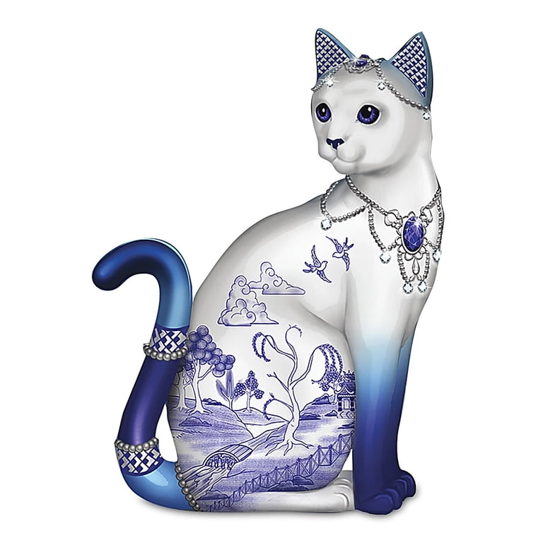 The Hamilton Collection Sparkling Blue Willow Cat Figurine by