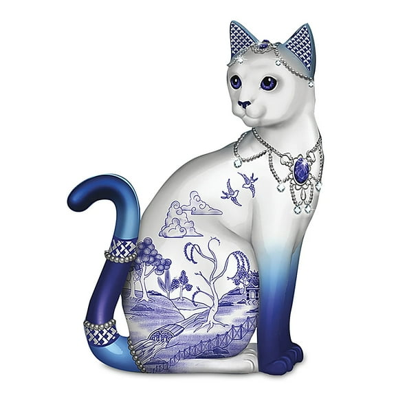 The Hamilton Collection Sparkling Blue Willow Cat Figurine by Bradford Exchange 6.5-Inches